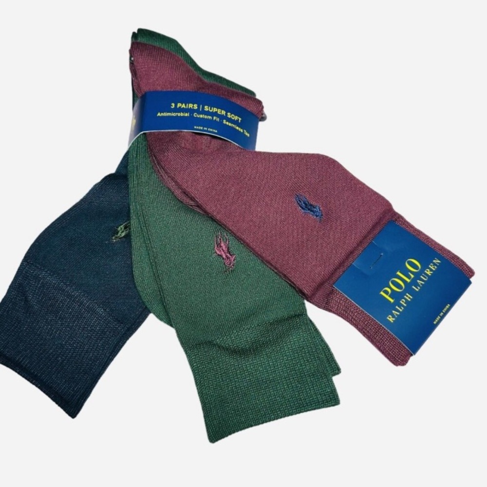 POLO RALPH LAUREN 3 PAIRS SUPER SOFT, COLORS: BURGUNDY, GREEN & NAVY NWT